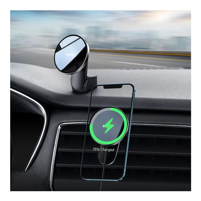 Image of convenient wireless charging on the go: "Convenient wireless charging on the go - Stay powered up while traveling with this car mount's wireless charging capability, allowing you to charge your compatible devices without the need for cables or adapters.