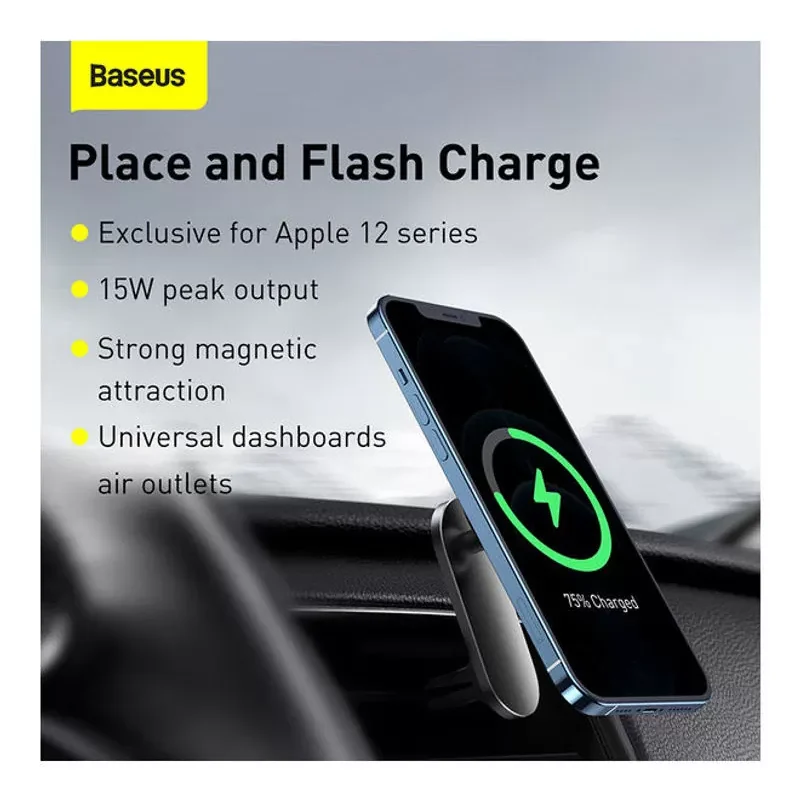 Image of magnetic absorption mount: "Magnetic absorption mount for easy installation - The car mount features a magnetic absorption design, securely attaching your device with ease, providing stability and convenience during your journey.
