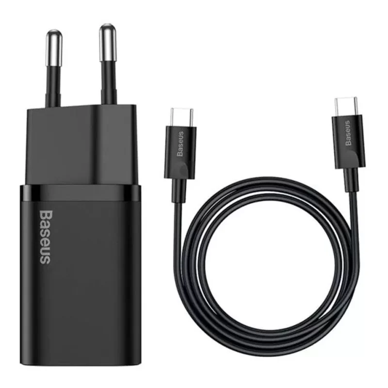 "Baseus Super Si Quick Charger 1C 25W EU Sets Black With Mini White Cable Type-C to Type-C 3A 1m: Fast and efficient charging combo for all your devices."