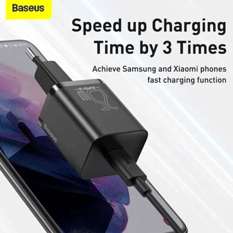 "Baseus Super Si Quick Charger 1C 25W EU Sets Black With Mini White Cable Type-C to Type-C 3A 1m: Fast and efficient charging combo for all your devices."