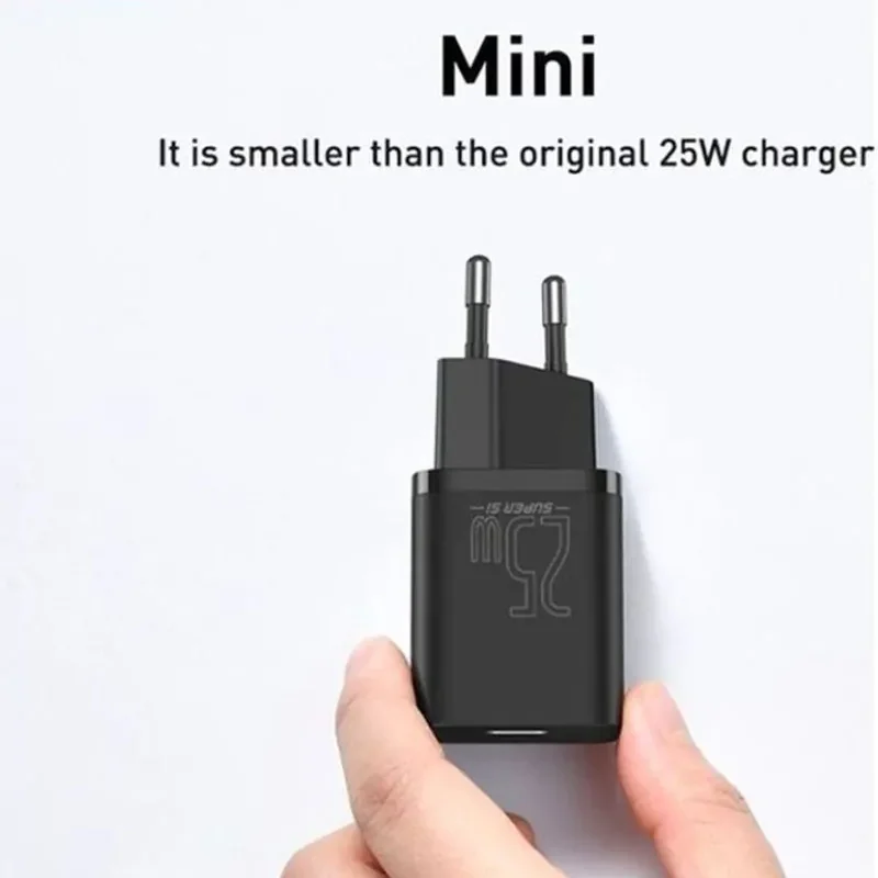 "Baseus Super Si Quick Charger 1C 25W EU Sets Black With Mini White Cable Type-C to Type-C 3A 1m: Fast and efficient charging combo for all your devices."