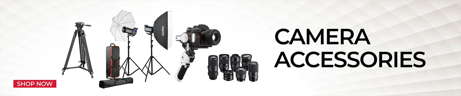 Camera accessories image showcasing a variety of equipment including camera stabilizers, drones, lens filters, tripods, camera bags, and lighting equipment. All available at Buytronics in Dubai UAE.