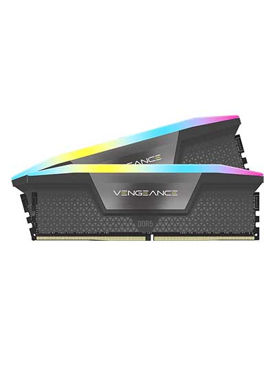 Close-up of the Corsair Vengeance 64GB DDR5 RAM module displaying the vibrant RGB lighting effects and customizable patterns.