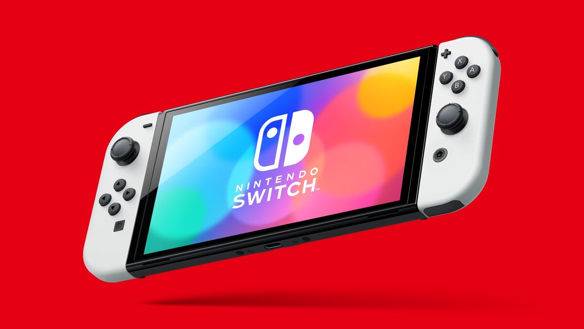 A handheld Nintendo Switch console in portable mode, with Joy-Con controllers attached. The console features a 6.2-inch touchscreen display and offers versatile gaming experiences at home or on the go.