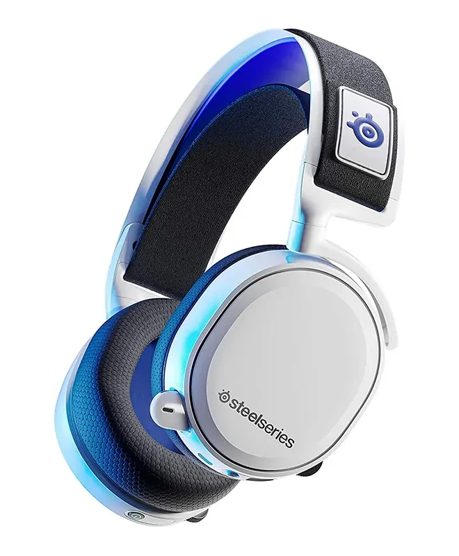 White SteelSeries Arctis 7P headset with microphone and ear cushions.