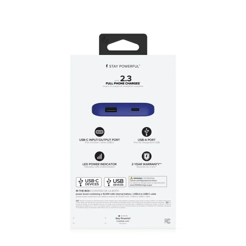 "Compact mophie Power Boost 10K in Blue for on-the-go device charging."