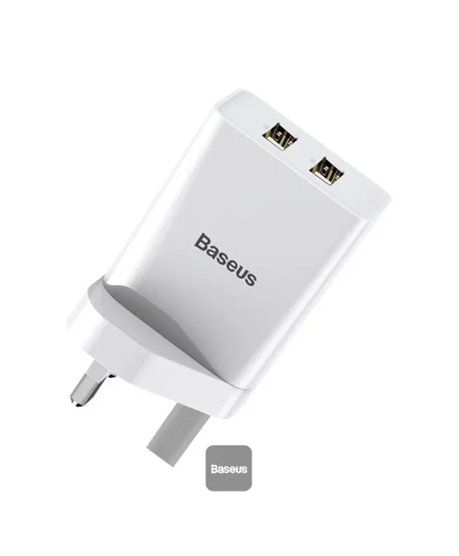 Baseus - Speed Mini Dual U Charger 10.5W": An image of a compact, dual-port Baseus charger delivering 10.5W power