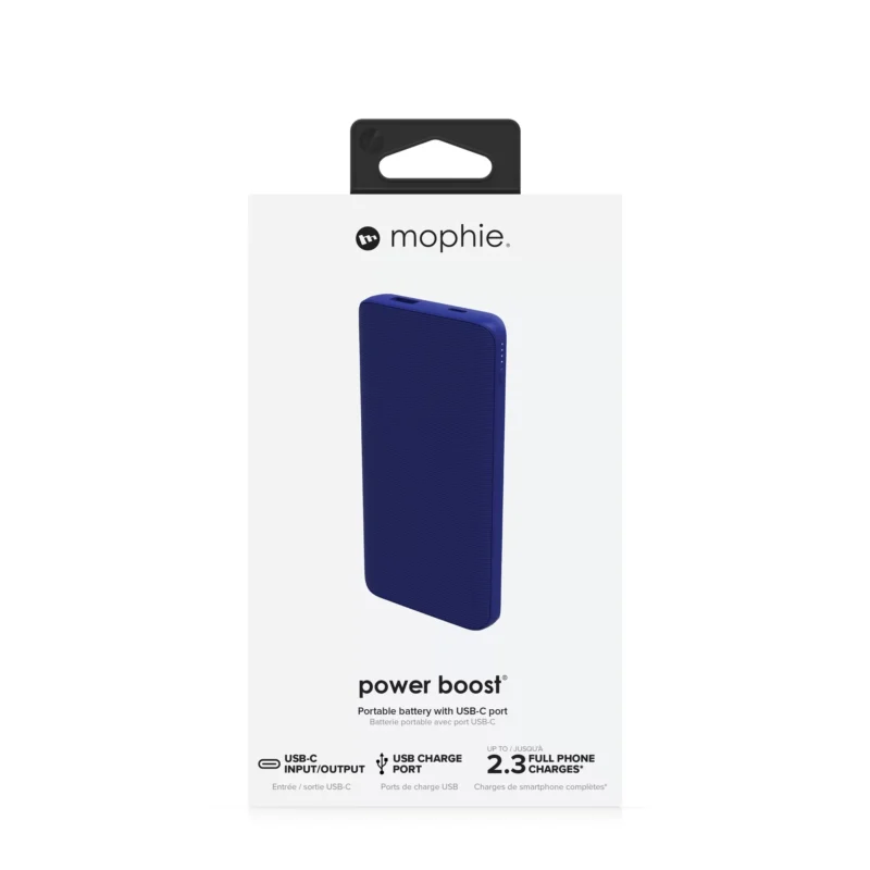mophie Power Boost 10K: Reliable portable charger in stylish blue.
