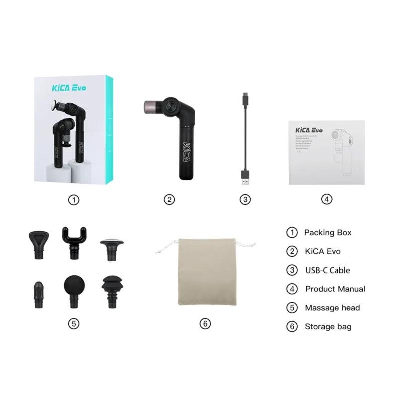Kica EVO Muscle Massage Gun with Adjustable Arm & 12.9''Extendable Pole for Professional Deep Tissue Back Massage,Athletes Pain Relief Handheld Portable Massager,Built-in Heat Compress,6 Heads