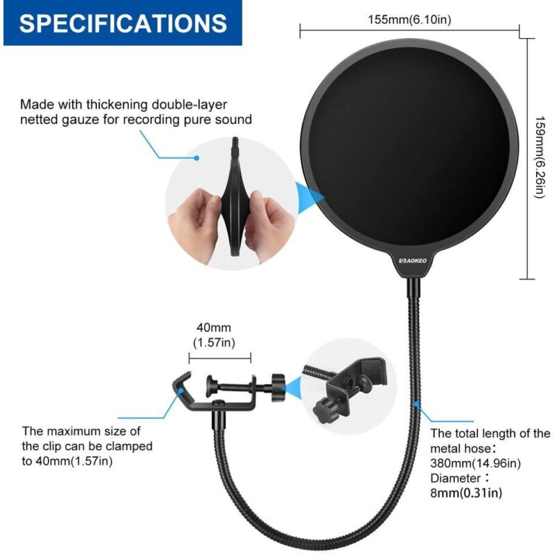 aokeo Aokeo Professional Microphone Pop Filter Mask Shield, Dual Layered Wind Pop Screen