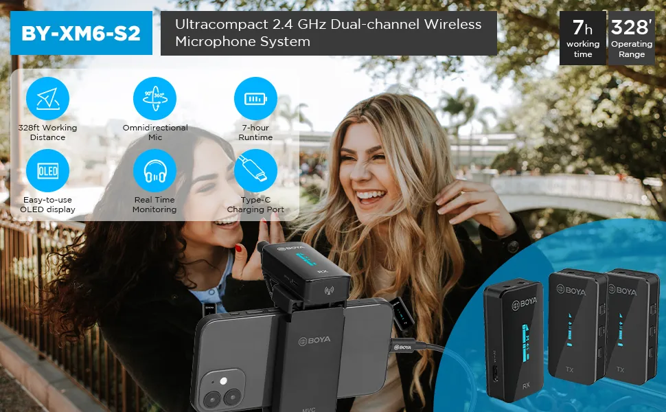 Boya By-Xm6 S2 2.4Ghz Wireless Microphone System Afh Signal 3.5Mm Trs Jack Built-In Microphone